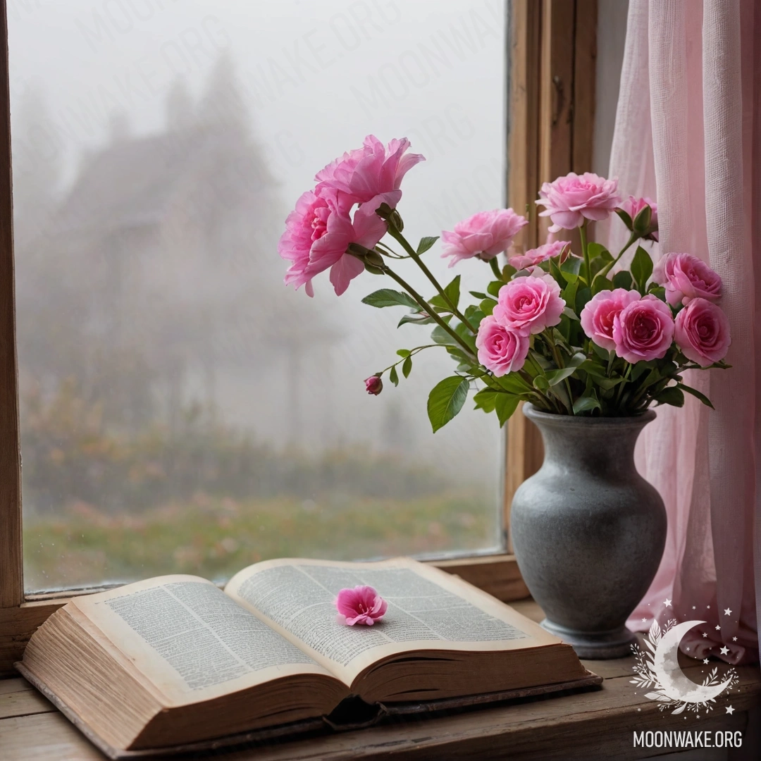 Деревянный подоконник, украшенный старой книгой, серой вазой с розовыми цветами и нежной розовой занавеской в густом тумане.