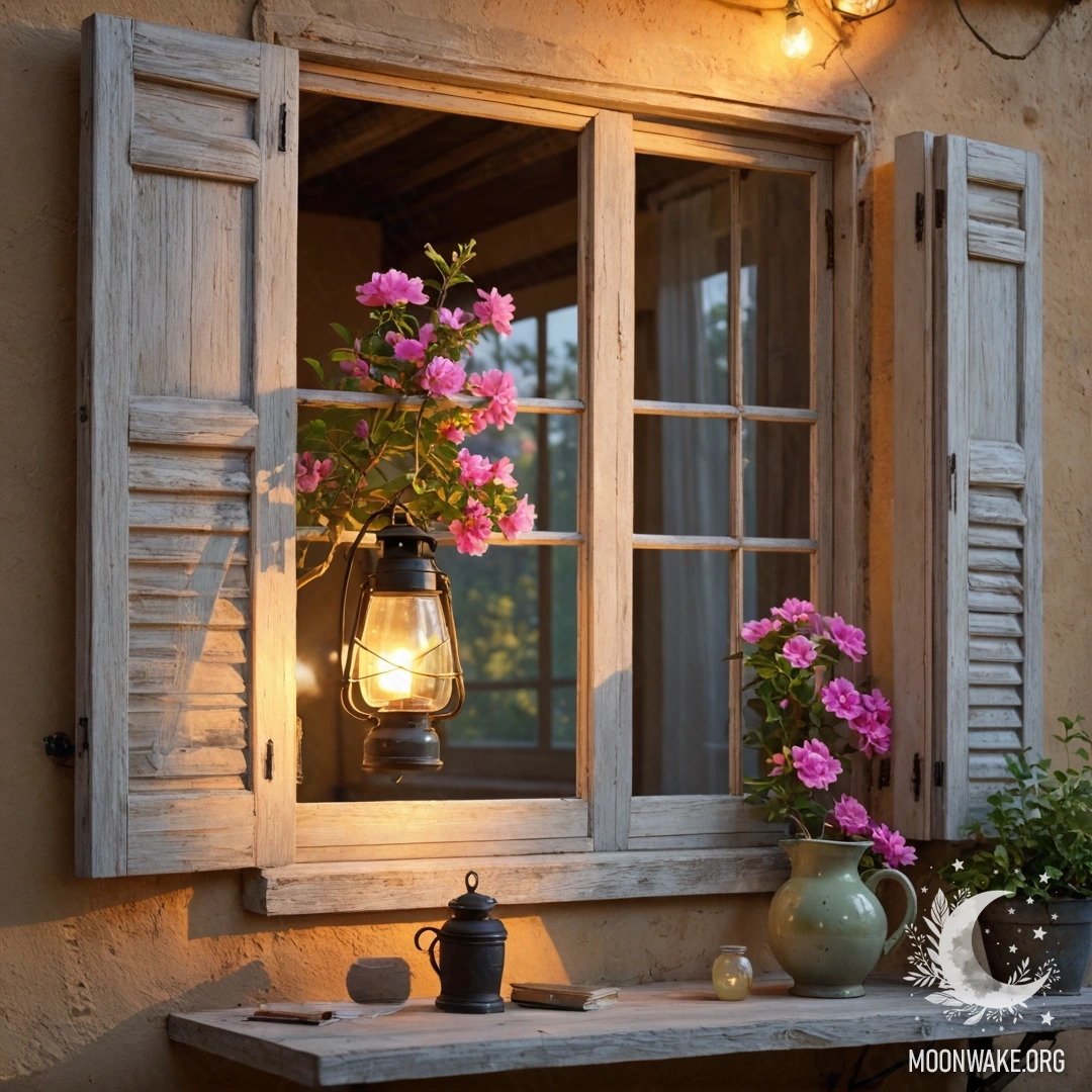 Старое деревянное окно с жалюзи, украшенное керосиновой лампой и розовыми цветами на закате.