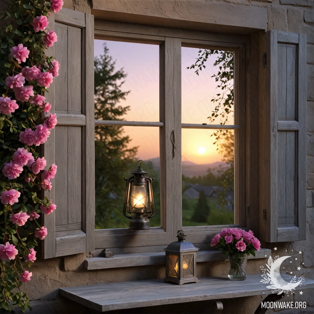 Старое деревянное окно с ставнями, обвито розовыми цветами и с керосиновой лампой над ним на фоне заката.