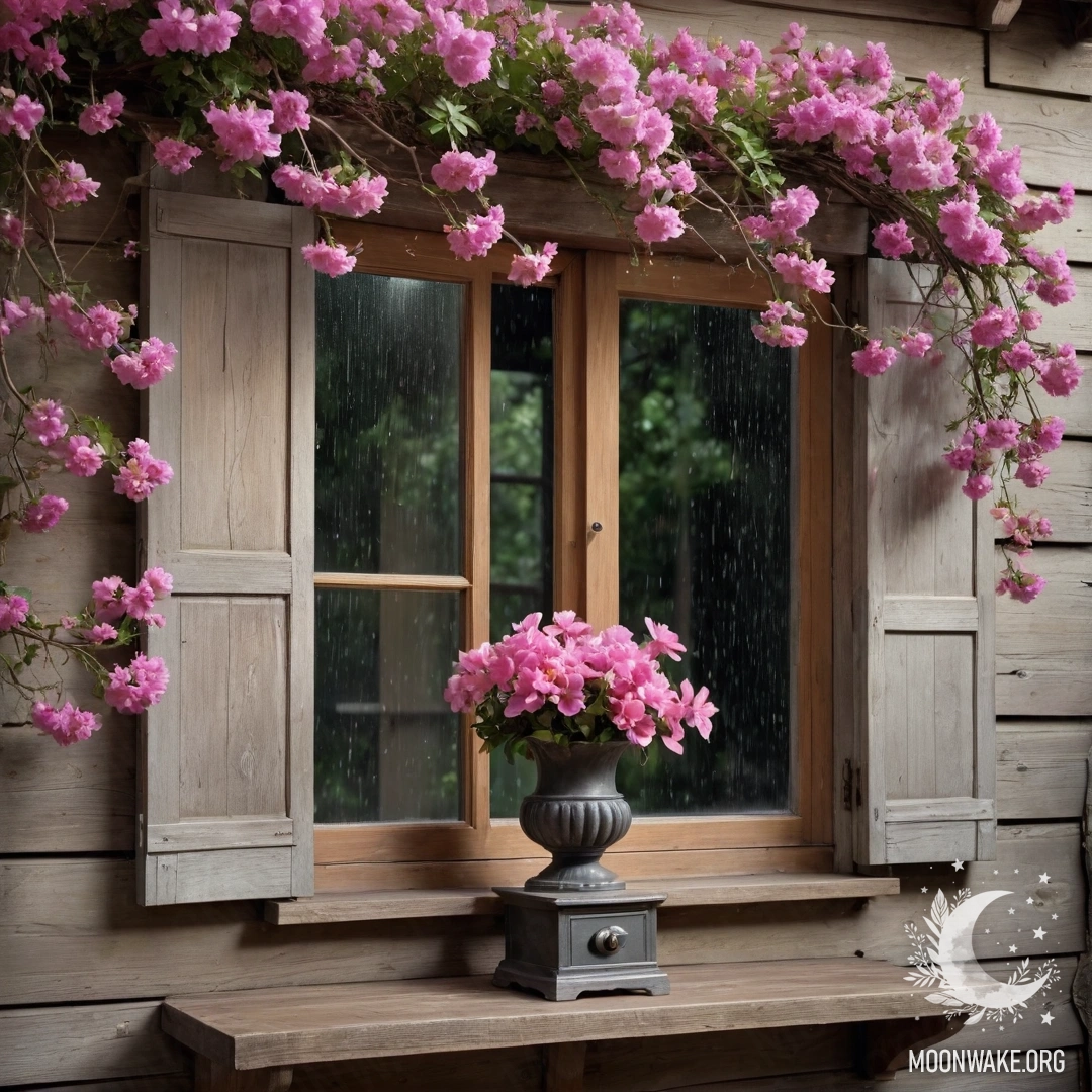 Старое деревянное окно с ставнями и керосиновой лампой, украшенное розовыми цветами под дождем.