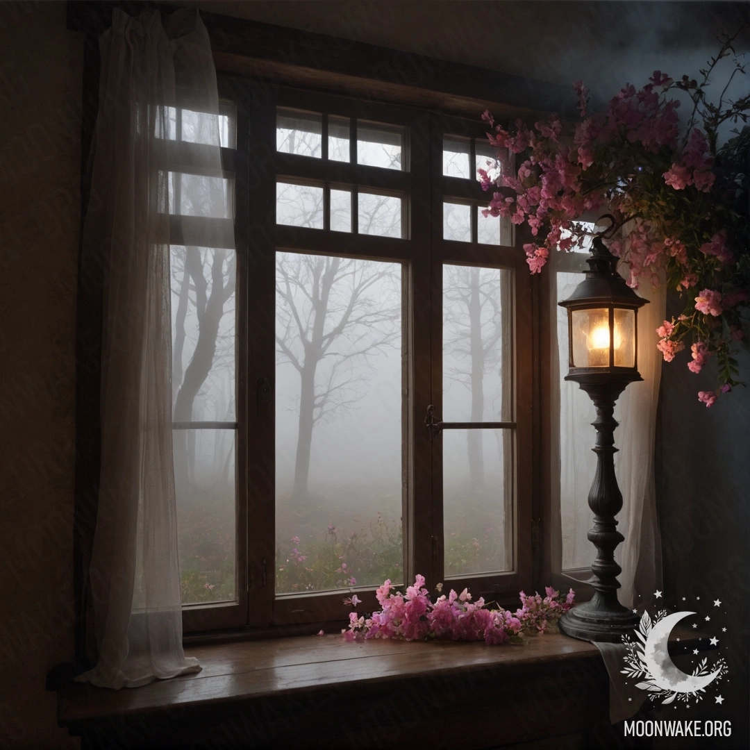 Старое деревянное окно с ставнями и розовыми цветами, окруженное густым туманом и освещенное керосиновой лампой.
