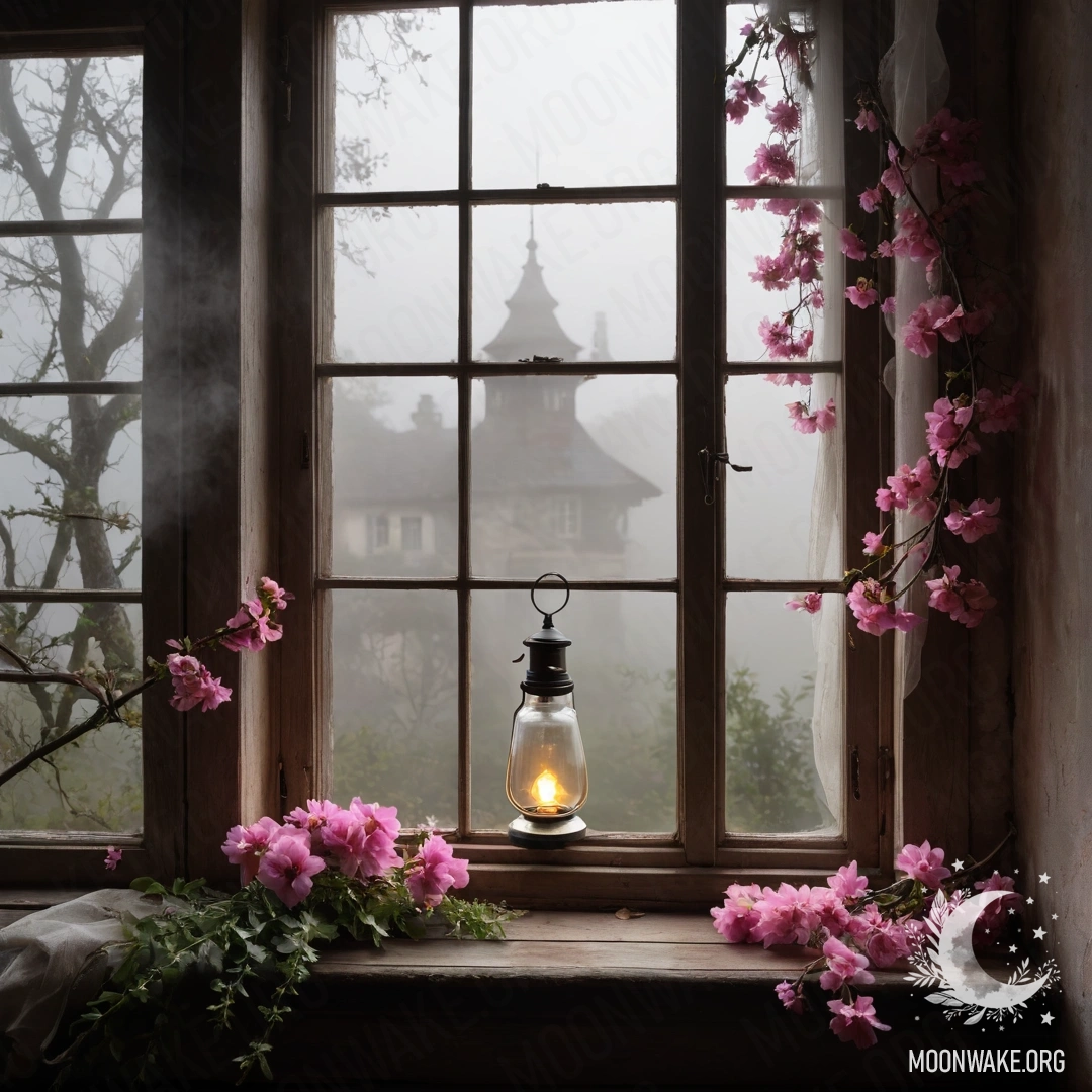 Старое деревянное окно с ставнями, украшенное веткой с розовыми цветами и керосиновой лампой сверху, окружённое густым туманом.