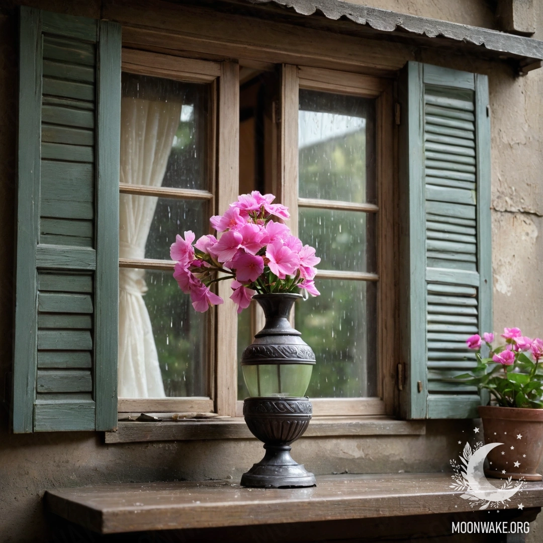 Старое деревянное окно, украшенное розовыми цветами и керосиновой лампой, окруженное дождем.
