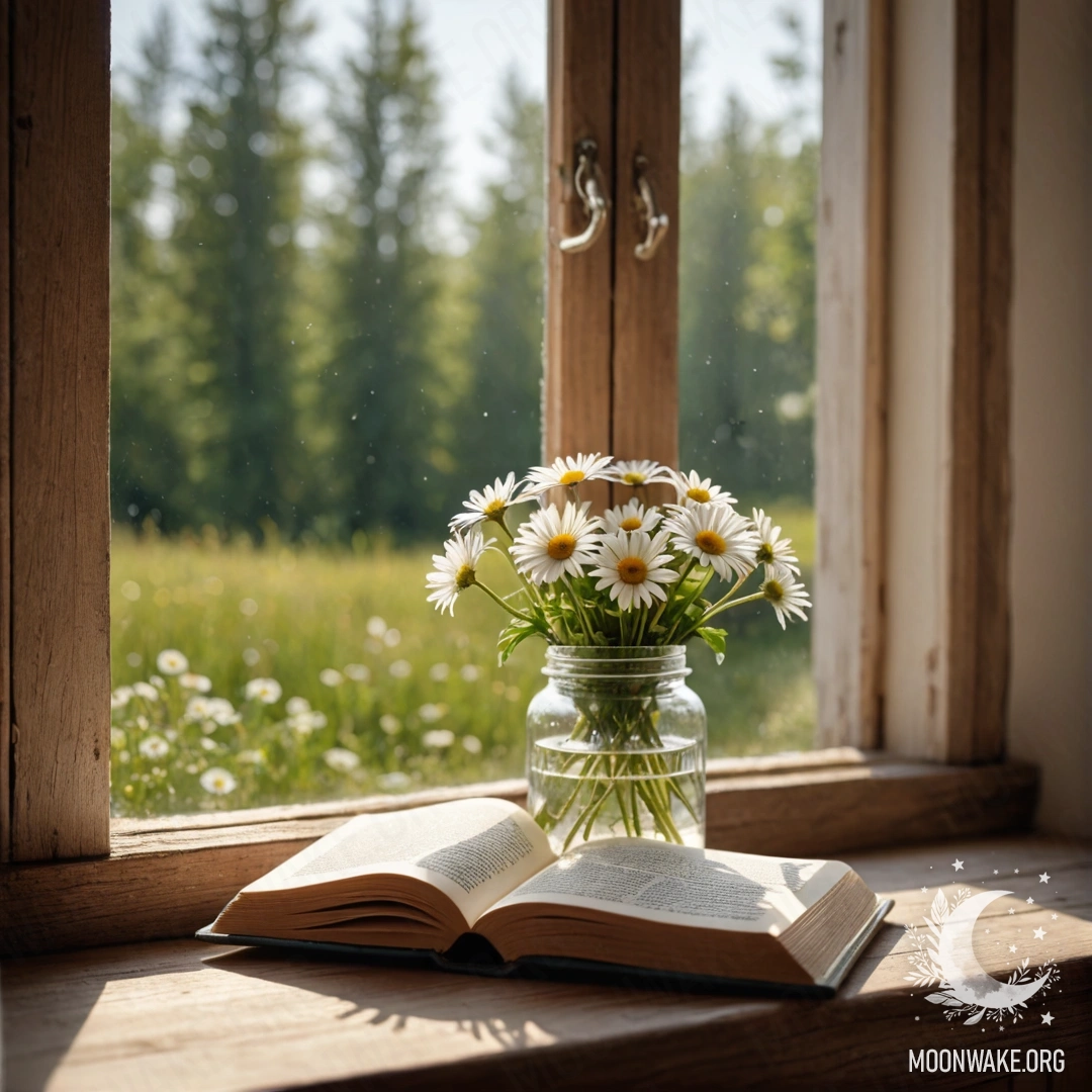 Старинный деревянный подоконник, украшенный банкой с ромашками, рядом с открытой книгой, освещенной солнечными лучами.