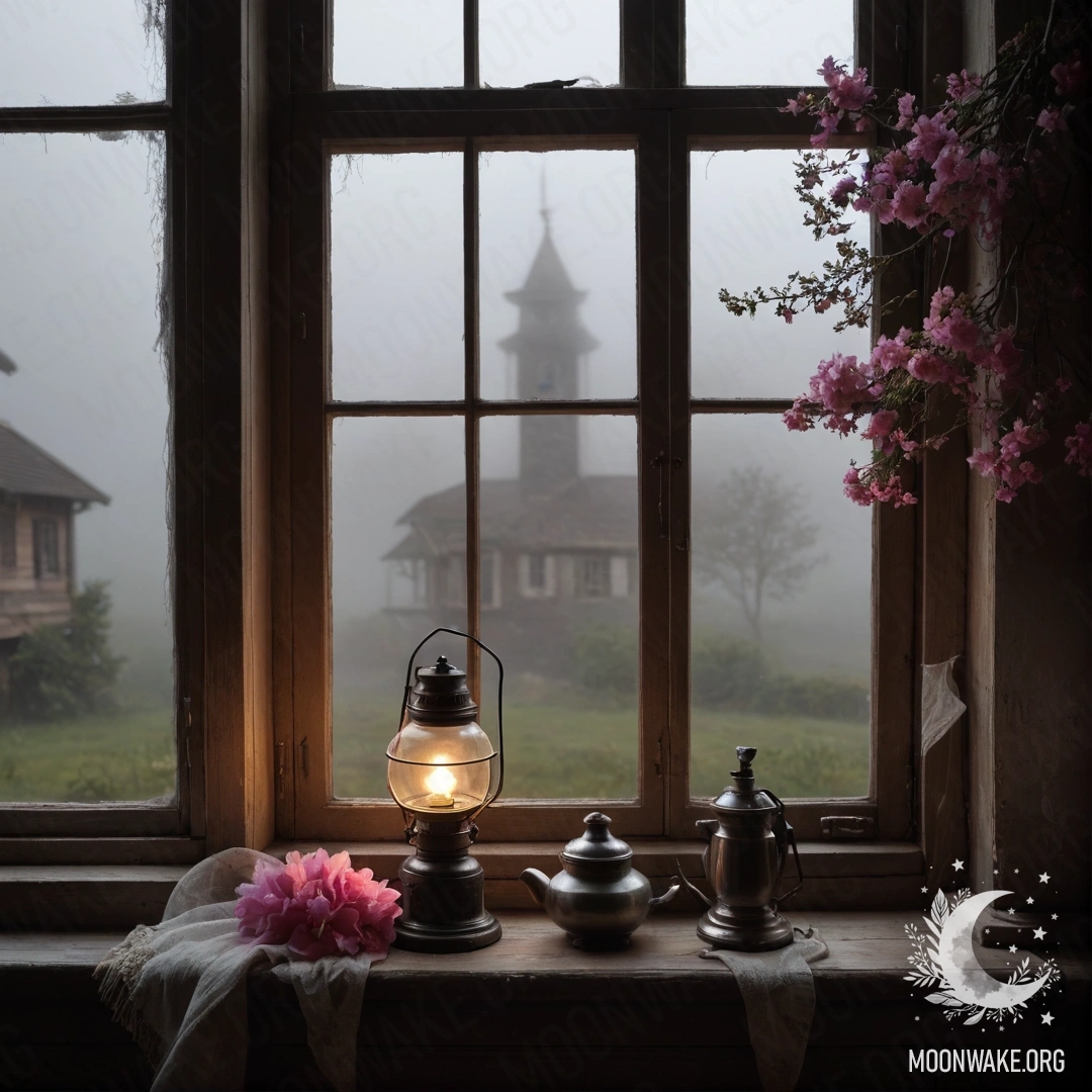 Старый деревянный подоконник, украшенный банкой с ромашками и открытой книгой, освещённый светом заката.