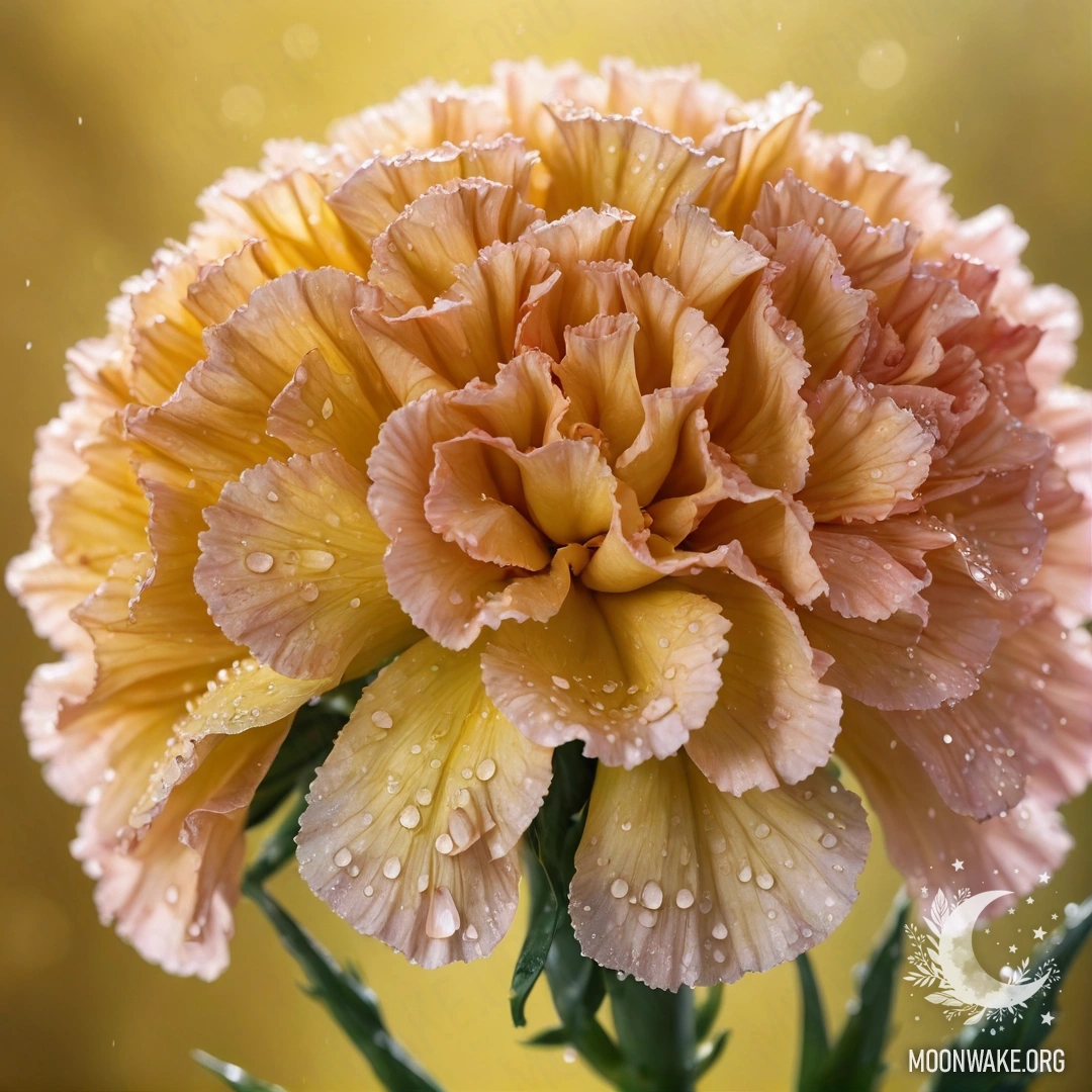 Букет желтых романтических гвоздик с каплями росы, освещенный солнечными лучами.