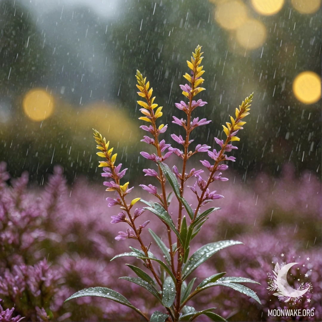 Романтическая сцена с желтым вереском под дождем, украшенным бисером.