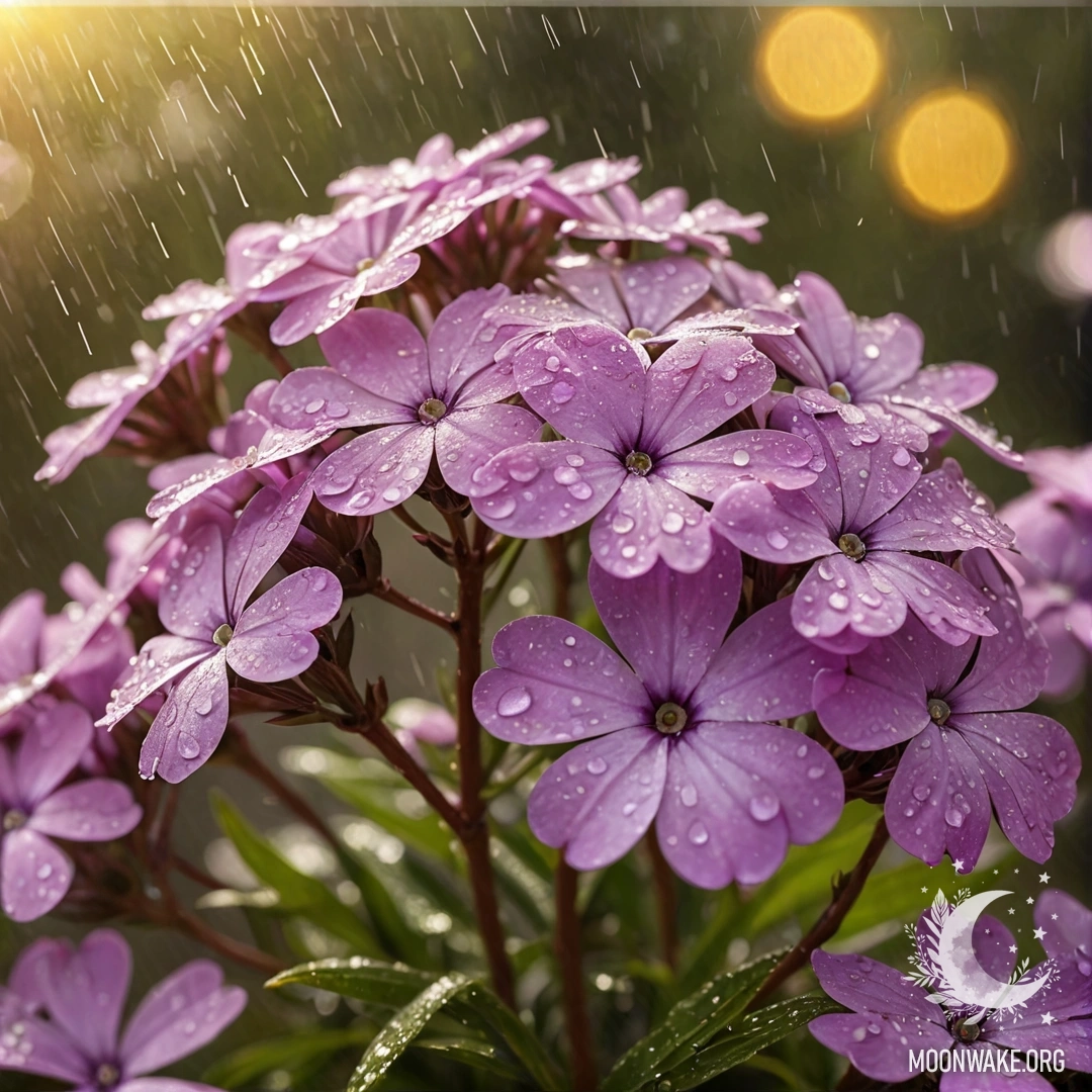 Яркое сообщество жёлтых флокс, сверкающее под дождём с солнечными лучами, пробивающимися сквозь облака.