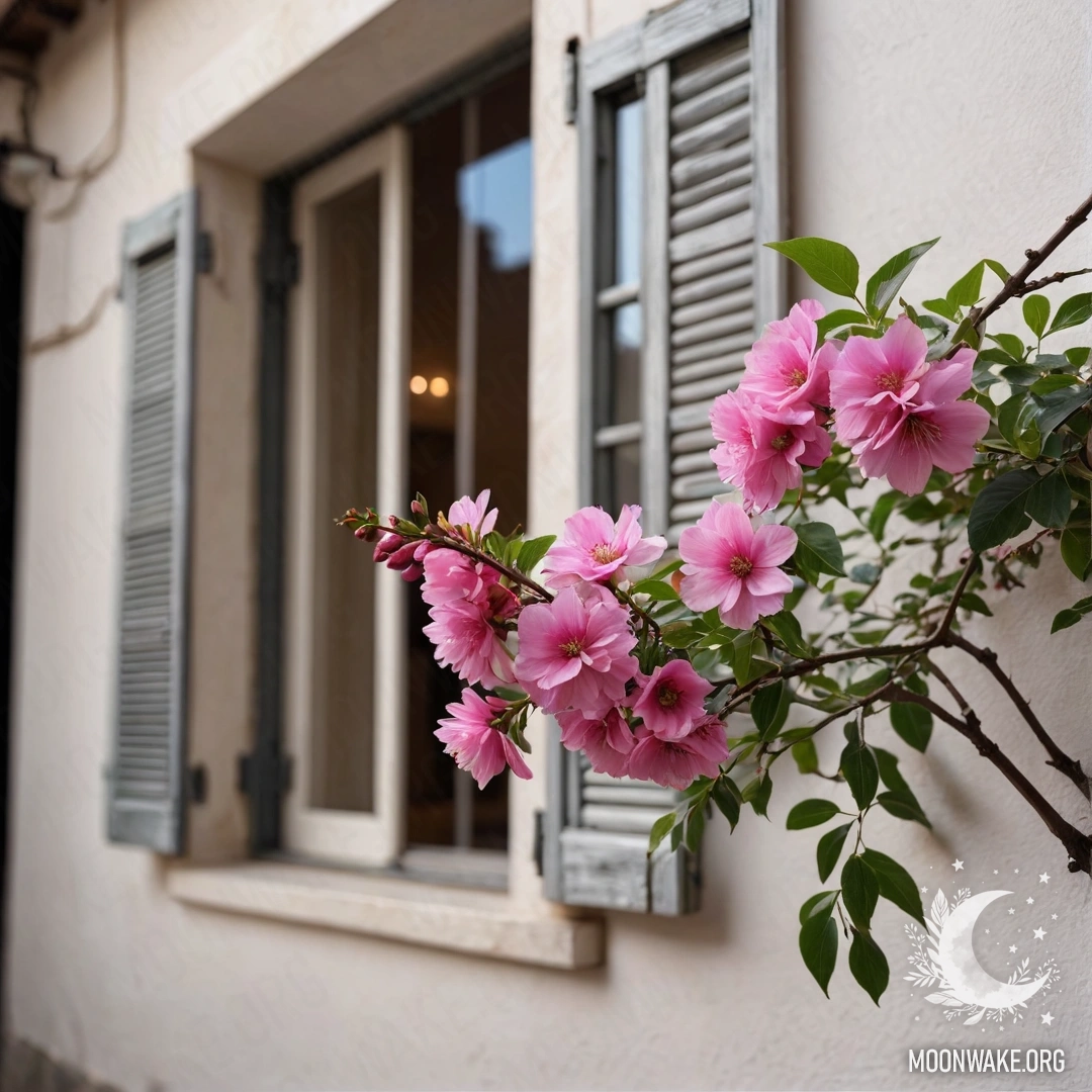 Ветка с нежными розовыми цветами на фоне белой стены с окнами и ставнями.