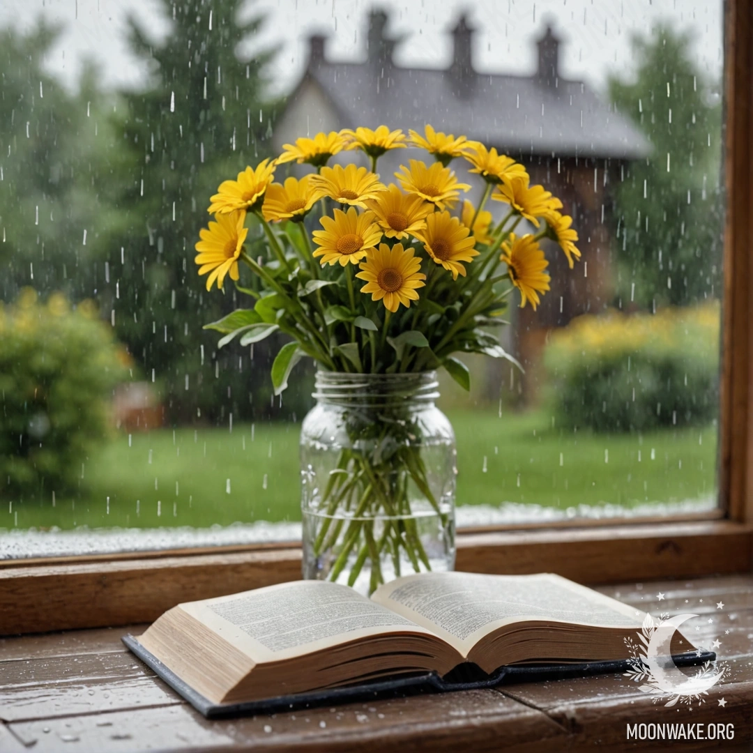 Старый деревянный подоконник с банкой ромашек и открытой книгой под дождем.
