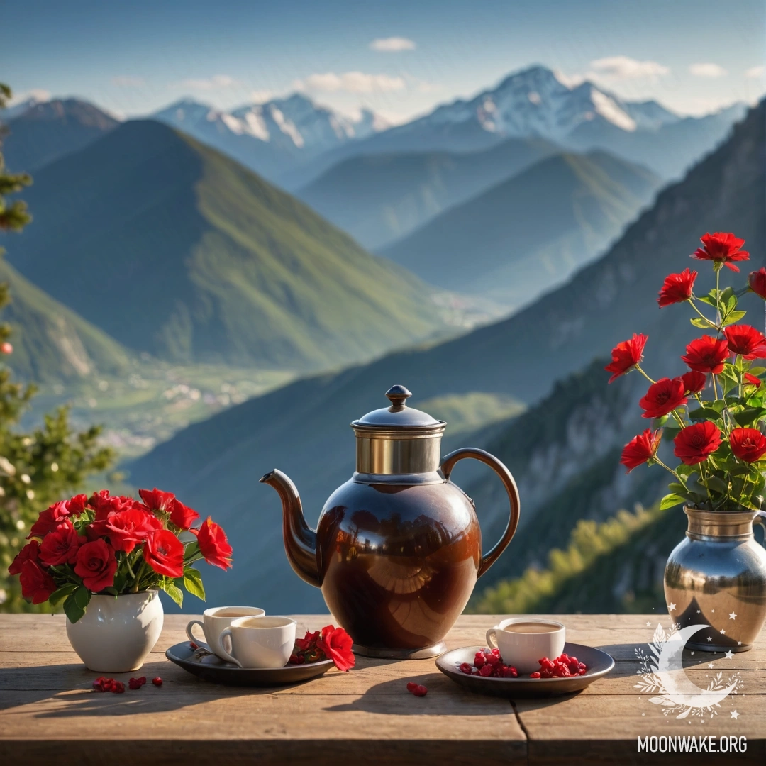 Сельский деревянный стол на фоне гор, украшенный банкой с красными цветами, кофейником и чашками, освещенными гирляндой.