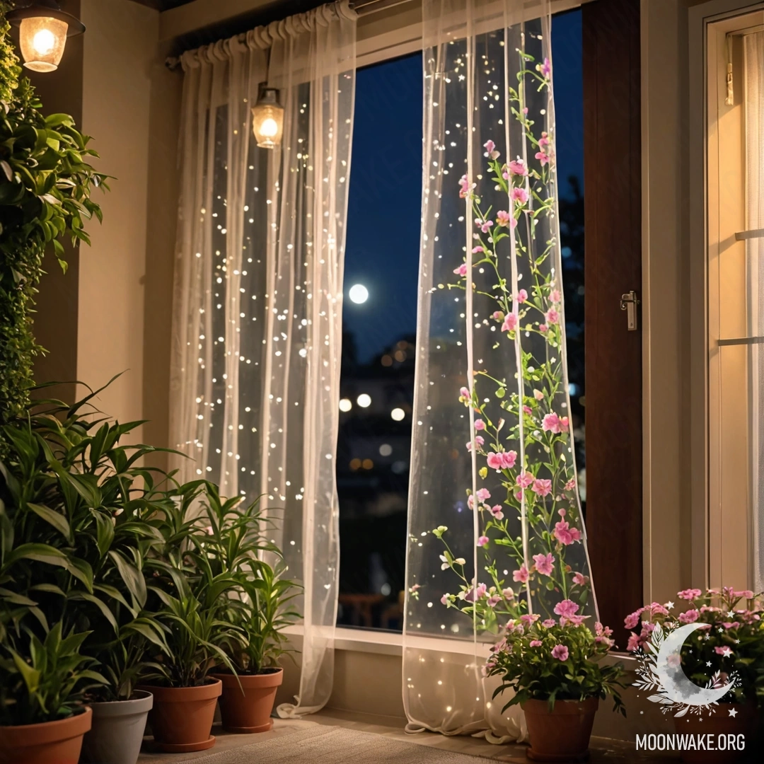 Стеклянная банка с букетом цветов на потрёпанном деревянном столе, на заднем плане мягкое боке от светящейся гирлянды на закате.