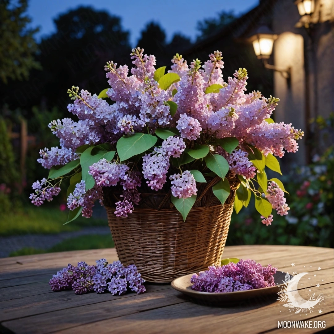 Винтажный деревянный стол в саду ночью с корзиной лиловых сиреней.