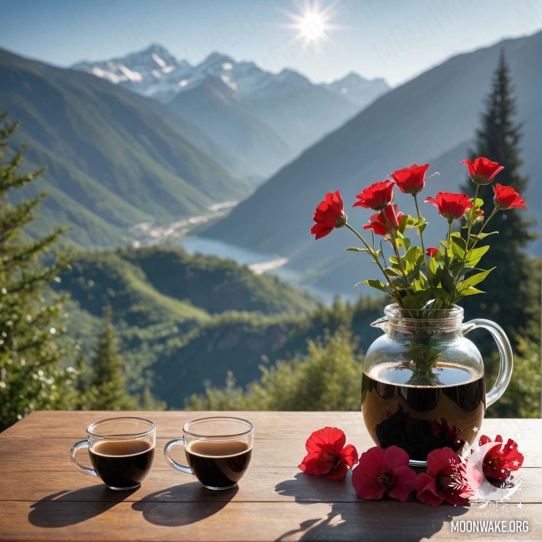 Абстрактный деревянный стол с банкой красных цветов и кофейником на фоне величественных гор, окутанных теплыми солнечными лучами.