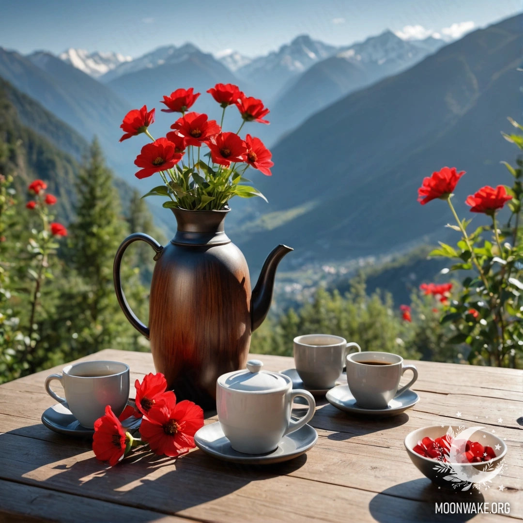 Деревянный стол с красными цветами, кофейником и чашками на фоне гор.