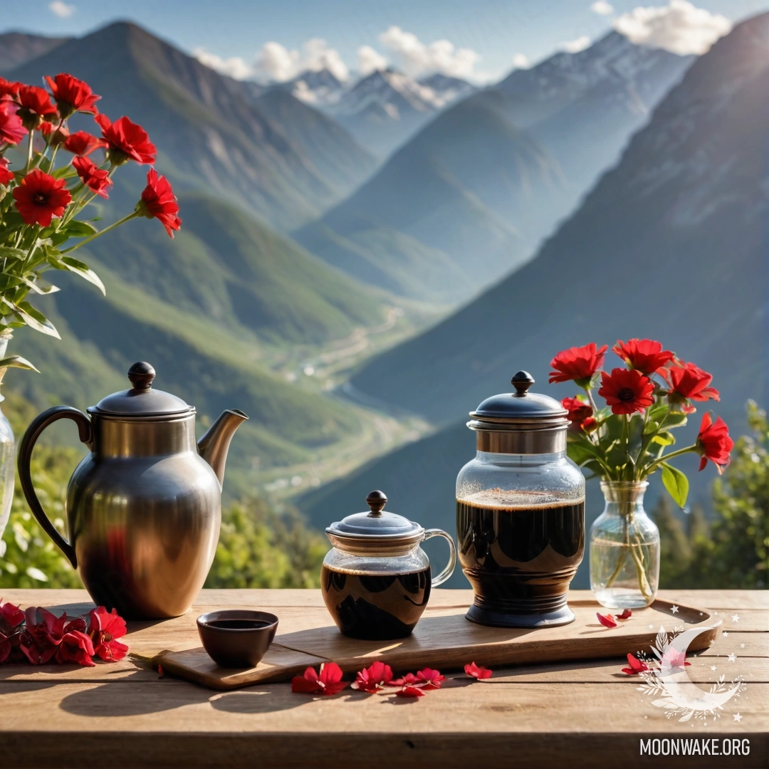 Абстрактный деревянный стол с банкой красных цветов, кофеином и чашками на фоне величественных гор, залитых солнечными лучами.