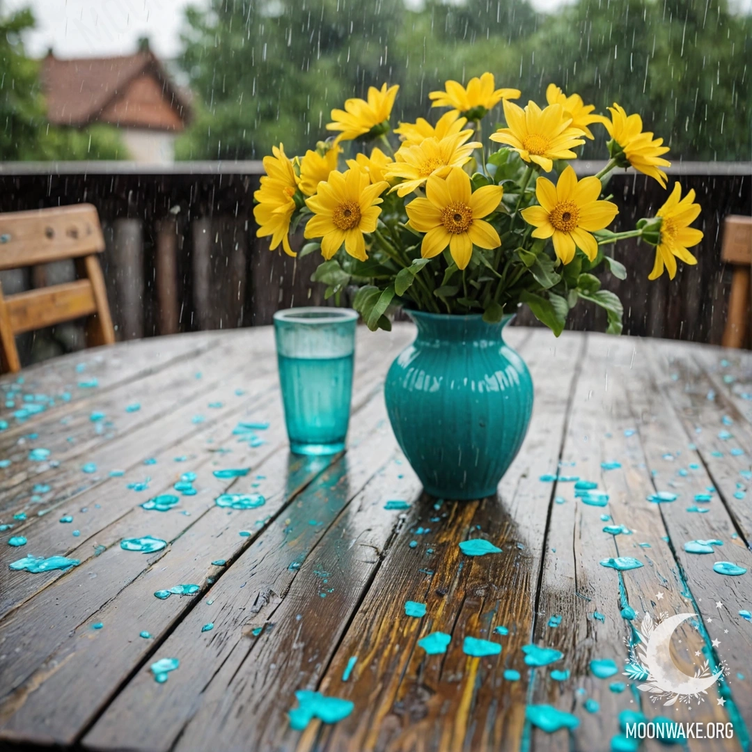 Старый деревянный стол, накрытый белой вязаной скатертью и бирюзовой вазой с жёлтыми цветами под дождём.