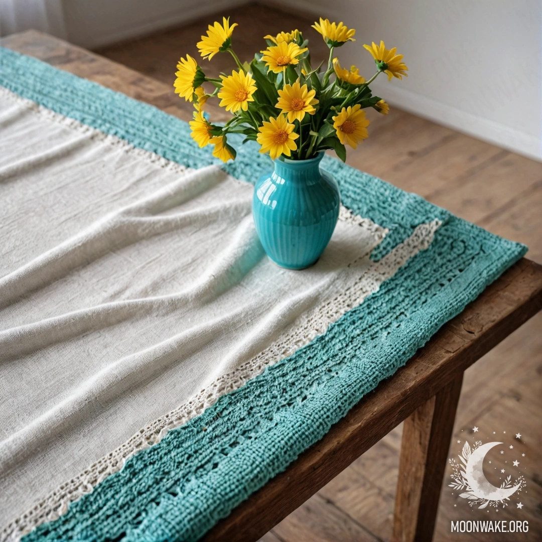 Старый шершавый деревянный стол, украшенный белой вязаной скатертью и бирюзовой вазой с жёлтыми цветами, освещённый мягкими солнечными лучами.