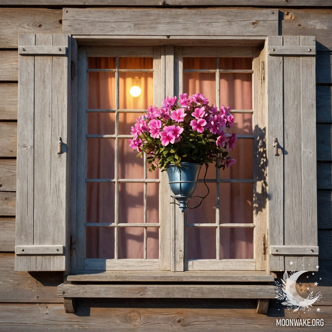 Старинное деревянное окно с shutters, украшенное розовыми цветами и висящей над ним керосиновой лампой, освещенное мягкими красками заката.