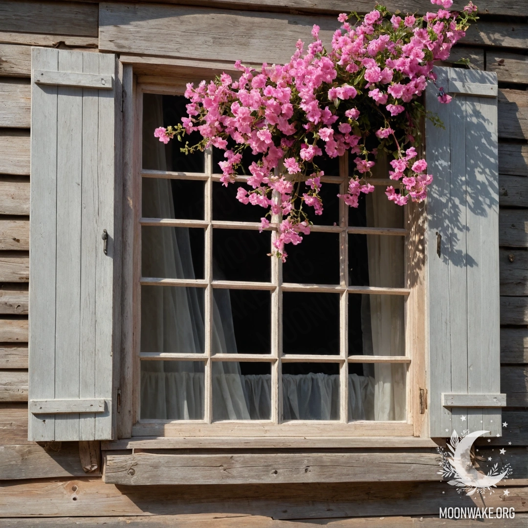 Потертое деревянное окно с ставнями, украшенное розовыми цветами и висячей керосиновой лампой.
