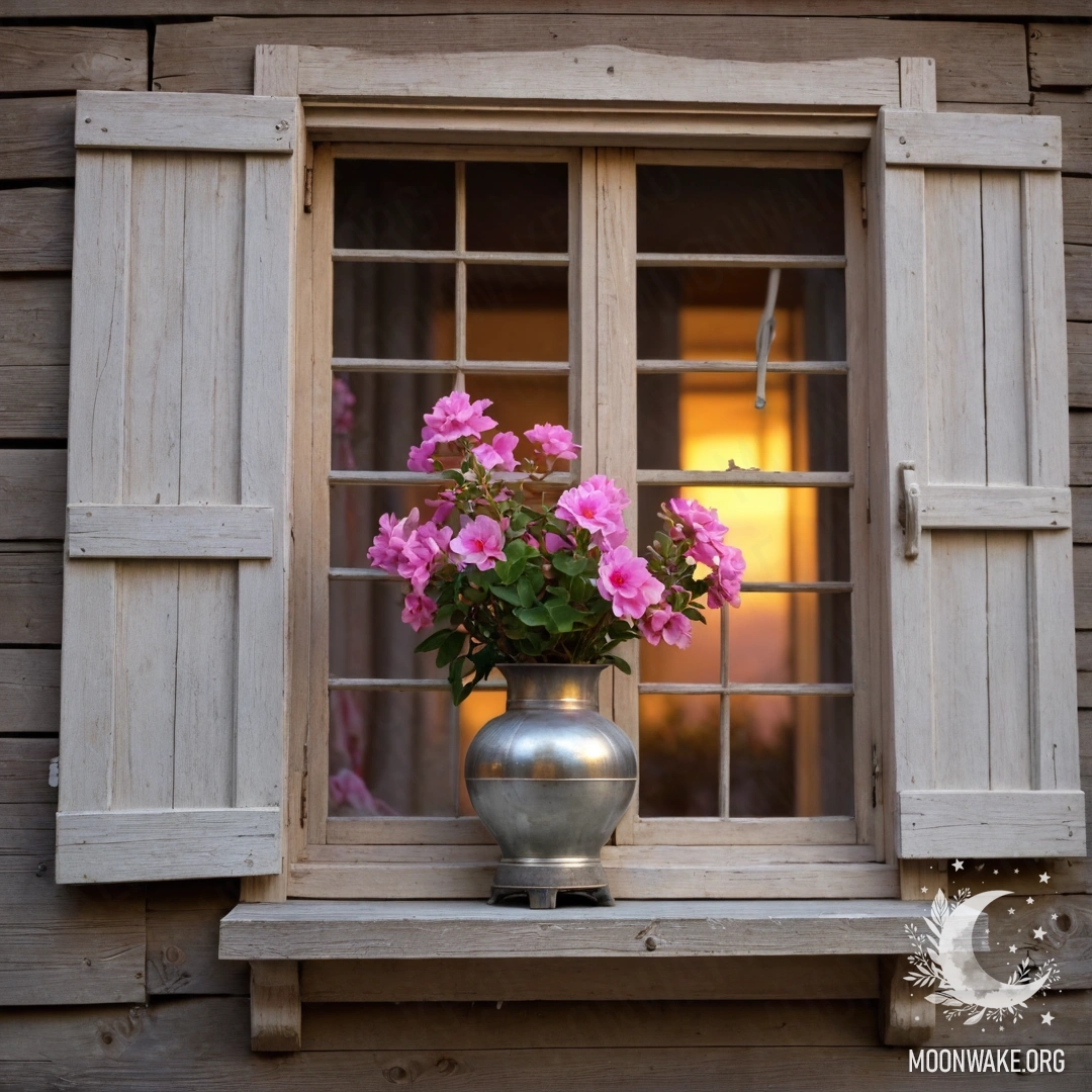 Фотореалистичный сюжет с потрёпанным деревянным окном и ставнями, керосиновой лампой над окном и веткой с розовыми цветами, обвивающей окно.