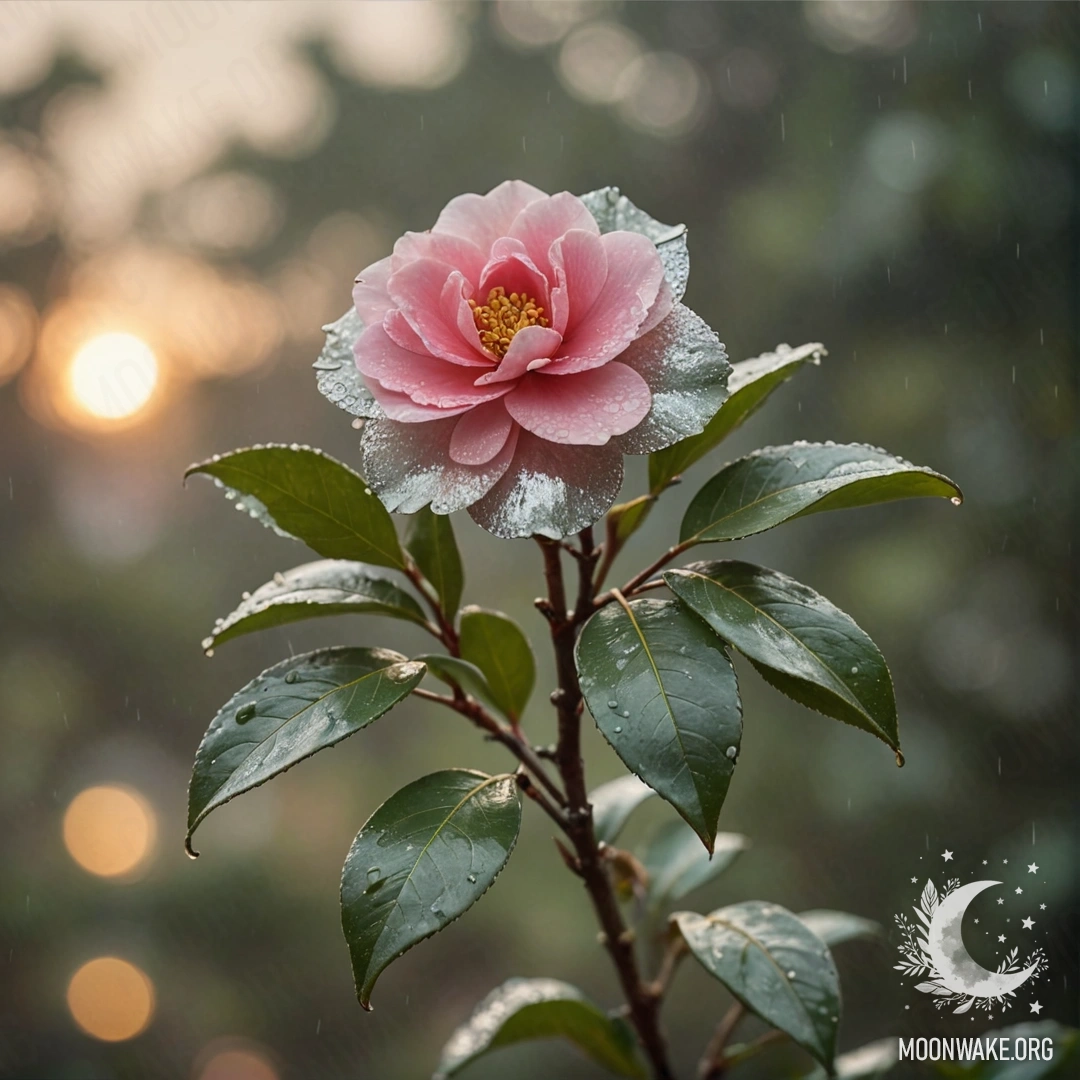 Шалфейная камелия, окруженная туманом и легким дождем на фоне заката.