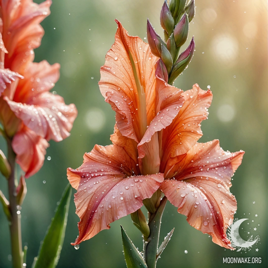 Нежный гладиолус шалфейного цвета, украшенный каплями росы, на фоне заката с блестящими пайетками.