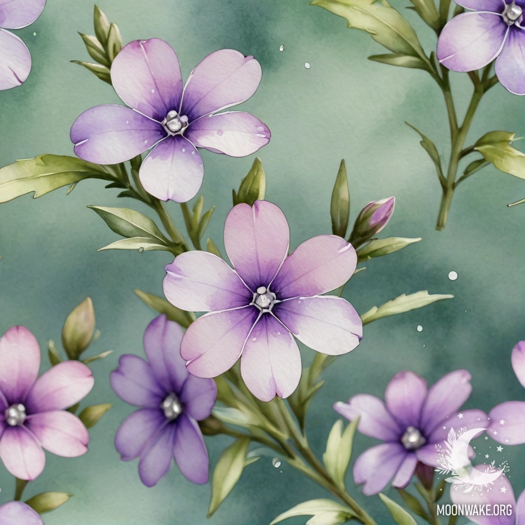 Акварельная картина флоксов цвета шалфея, украшенных стразами.