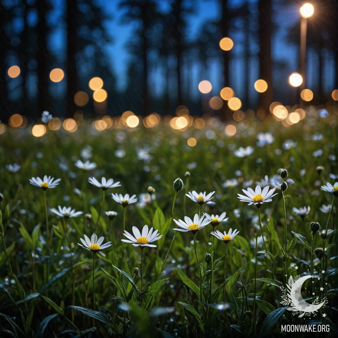 Крупным планом нежные цветы на спокойном поле с боке лесом на заднем плане ночью.