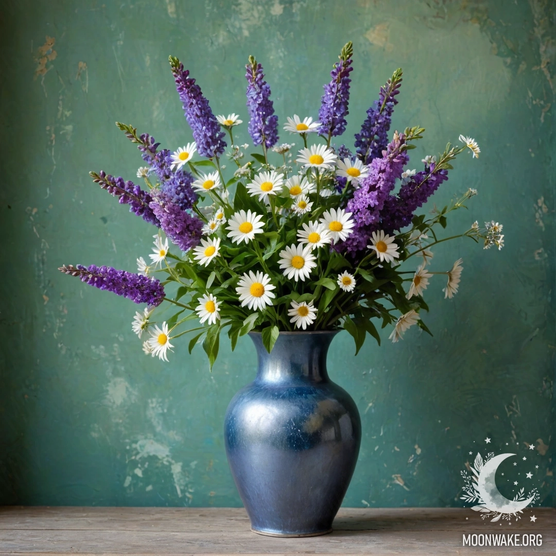 Корзина с маленькими белыми цветами на деревянном столе, освещенная лучами заката.