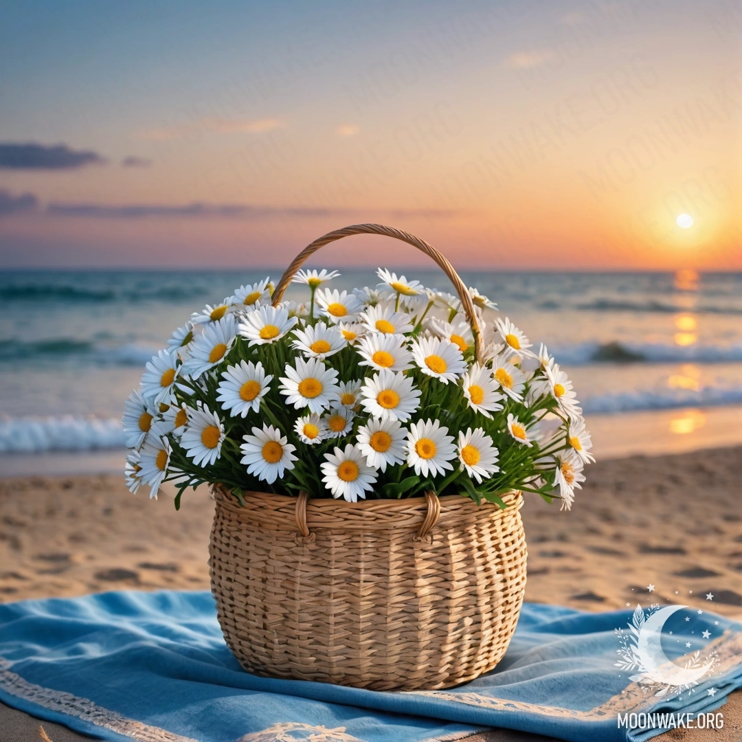 Соломенная сумка с голубой скатертью и ромашками на песчаном пляже на закате