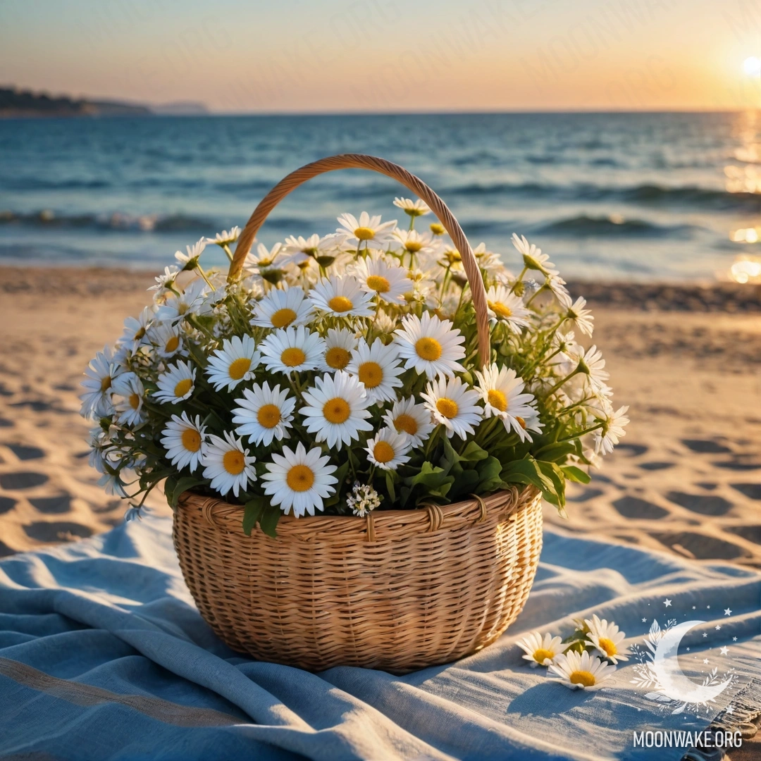 Соломенная сумка на песчаном пляже на закате, в ней синий скатерть и ромашки, на фоне моря и гирлянд из огней.