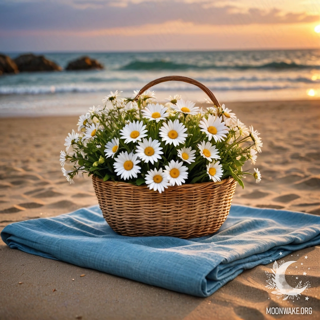 Живописный пейзаж песчаного пляжа на закате с соломенной сумкой, заполненной синей скатертью и букетом ромашек, на фоне падающего дождя.