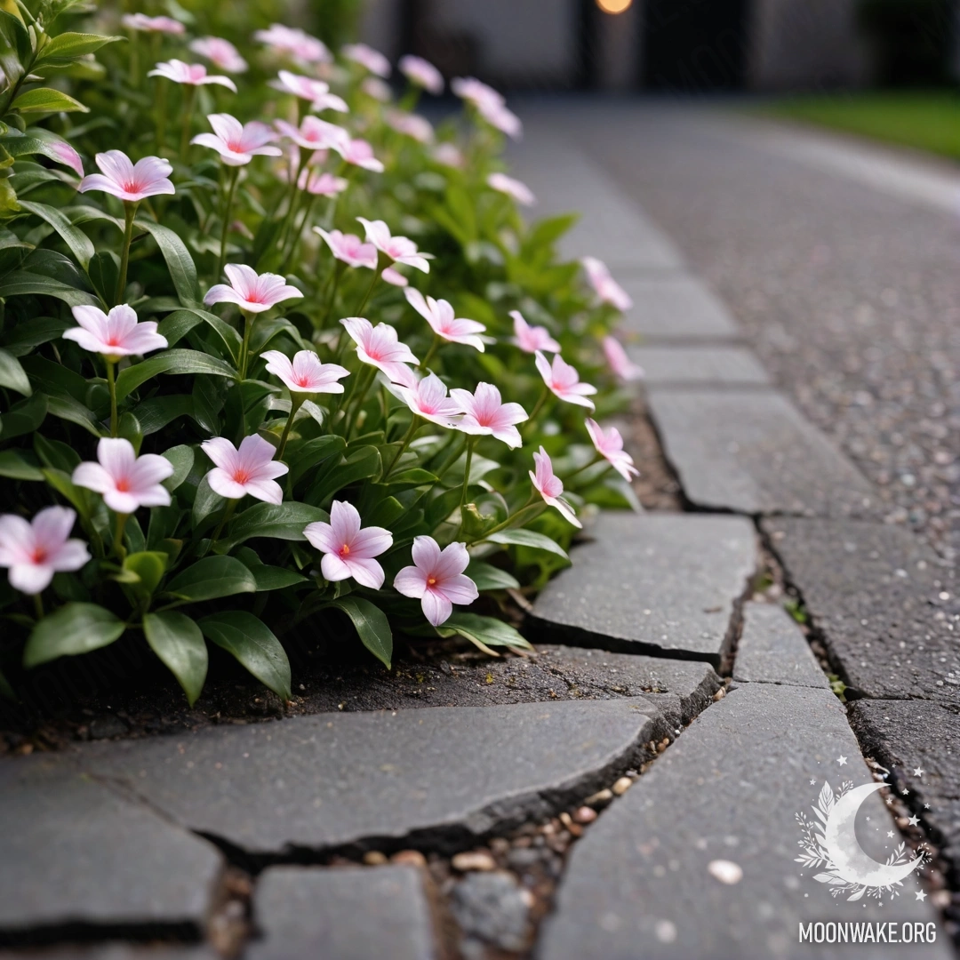 Старый каменный бордюр с маленькими белыми и розовыми цветами, растущими за ним ночью.