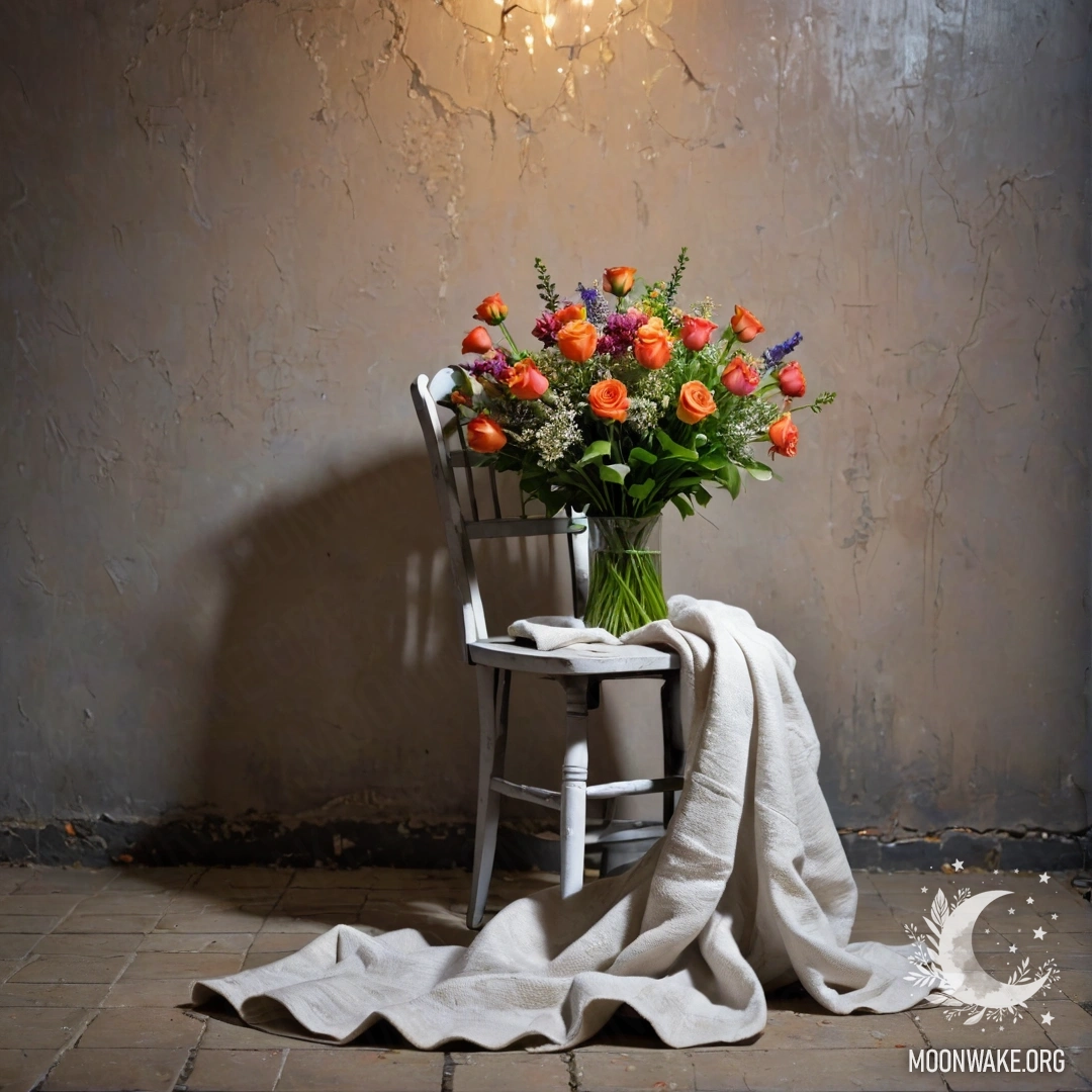Фотореалистичный стул с покрывалом и букетом цветов на нём на фоне обветшавшей стены ночью.