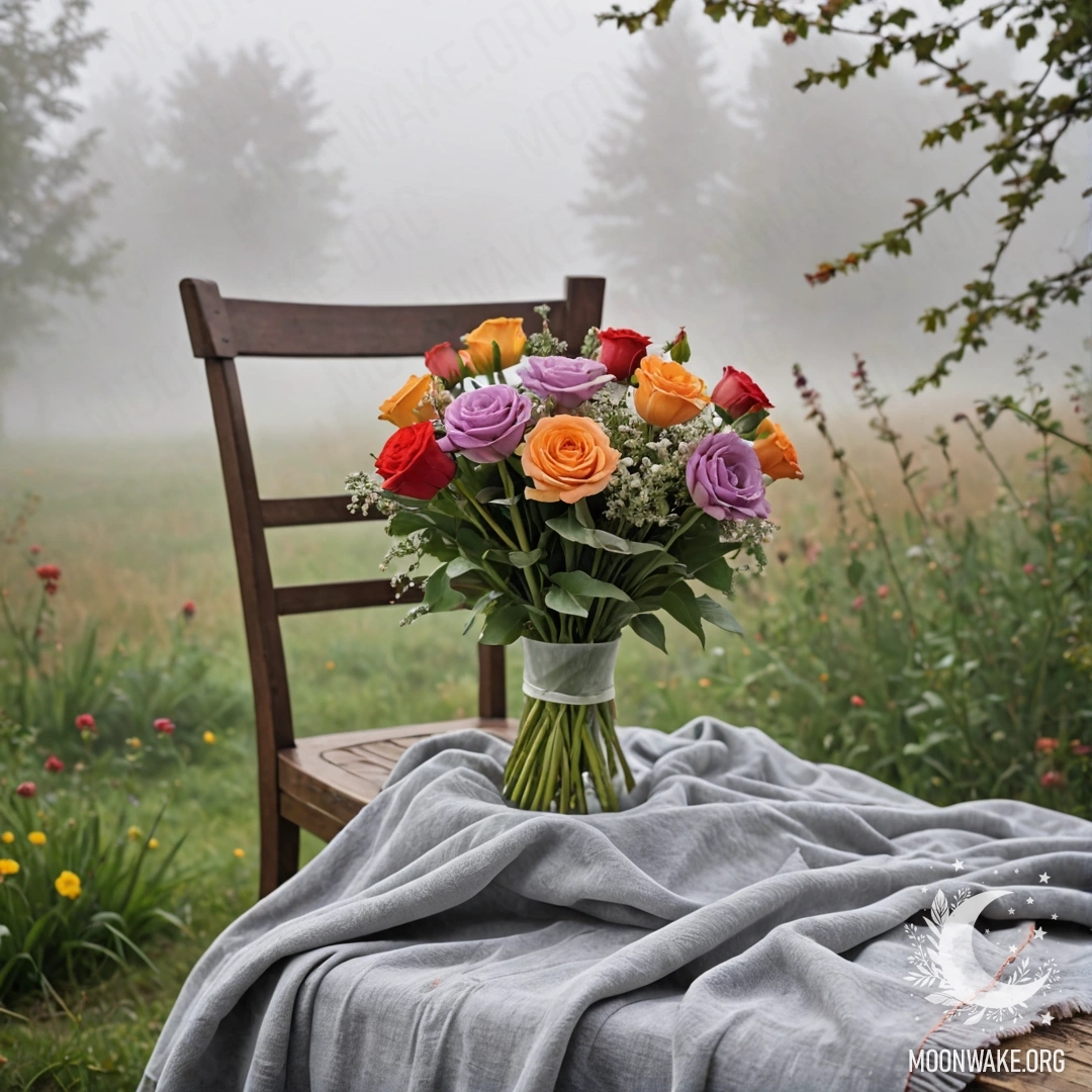 Тихая сцена с стулом на фоне обшарпанной стены, укрытым пледом и букетом цветов, окутанным густым туманом.