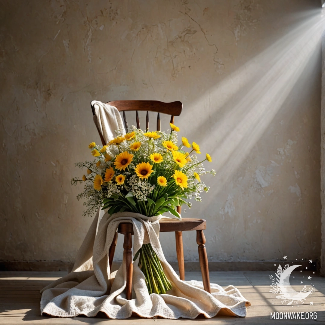 Уютное кресло с пледом и букетом цветов на фоне обветшавшей стены.