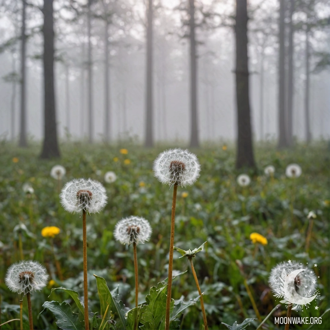 Крупный план одуванчиков на поле в тумане с размытым фоном леса.