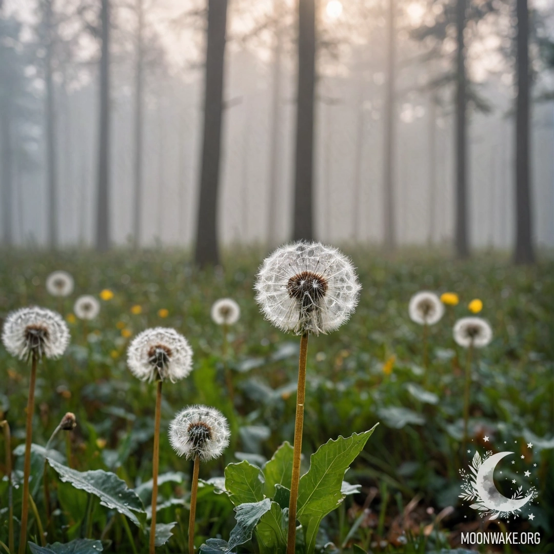 Крупный план одуванчиков на безмятежном поле с размытым лесом на фоне, окутанным тяжелым туманом.