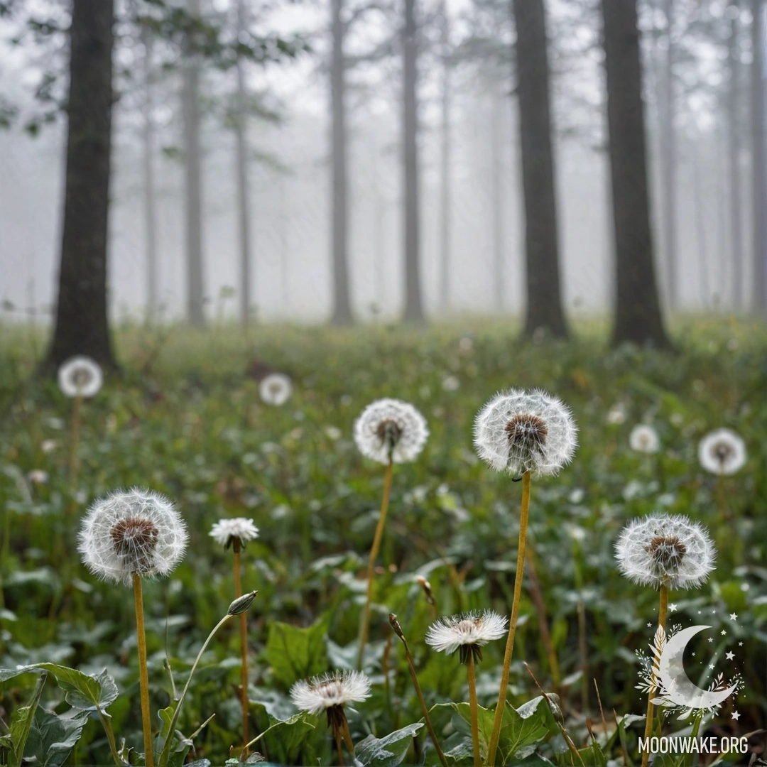 Крупный план одуванчиков в туманном лесу с мягким боке на фоне.
