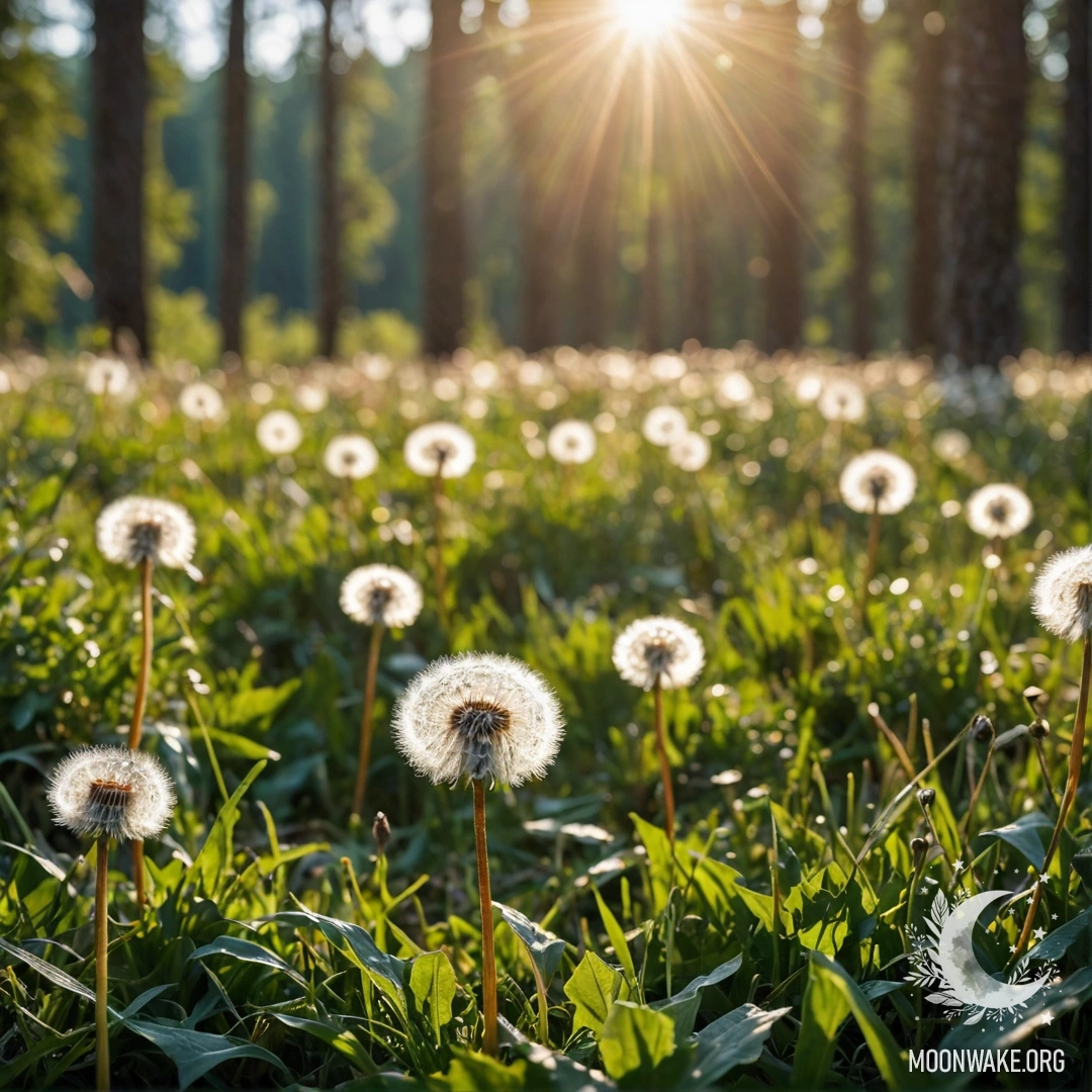 Крупный план одуванчиков на спокойном поле с размытым лесом на заднем плане.