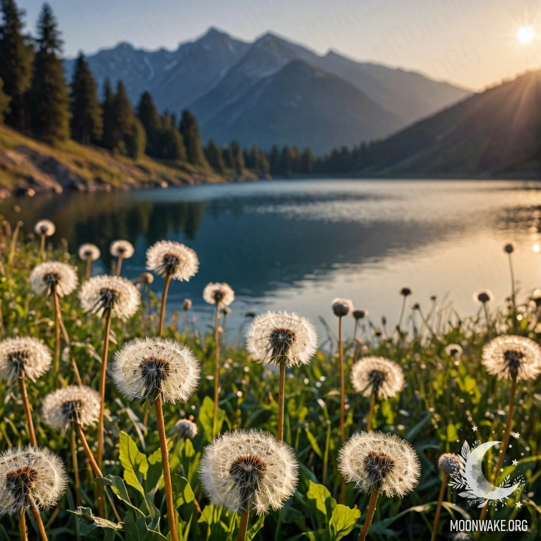 Крупный план одуванчиков на умиротворенном поле с размытым горным озером на заднем плане при закате.