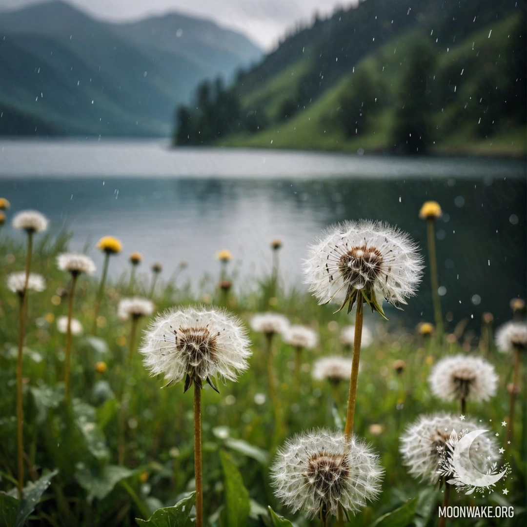 Крупный план одуванчиков на спокойном поле с размытым горным озером на заднем плане, под дождем.