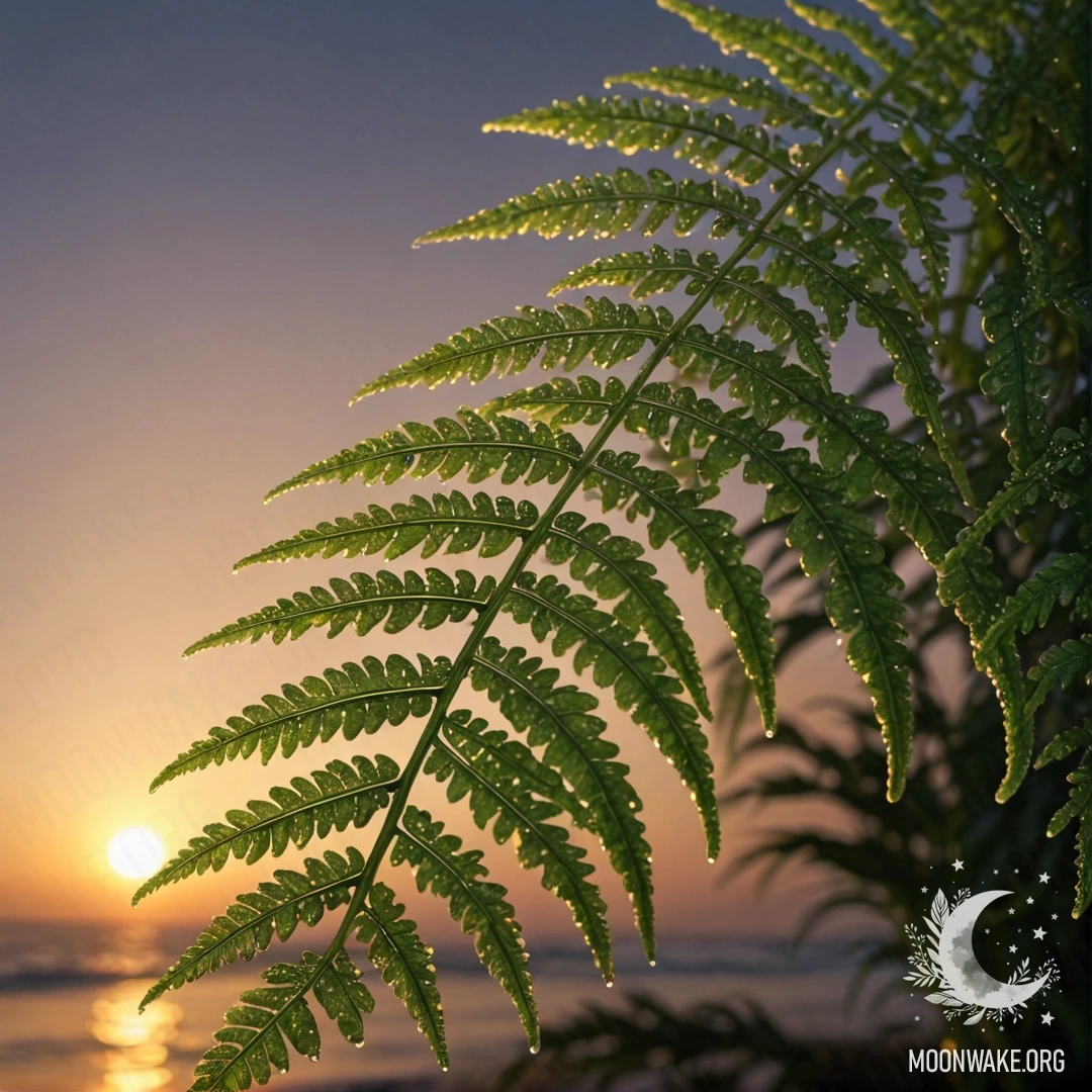 Уютный папоротник с каплями росы на фоне заката, сверкающий блестками в цветах морской волны.