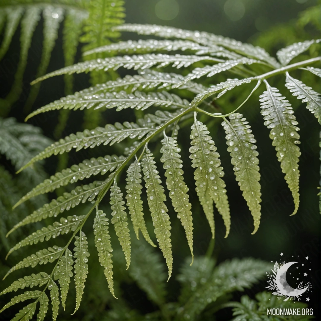 Нежный папоротник, украшенный каплями росы и пайетками цвета шалфея, дополненный японской каллиграфией.