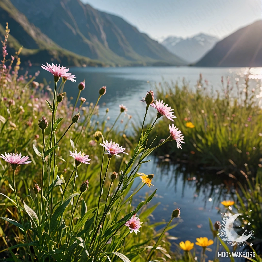Крупный план ярких цветов на поле рядом с горным озером, размытый фон.