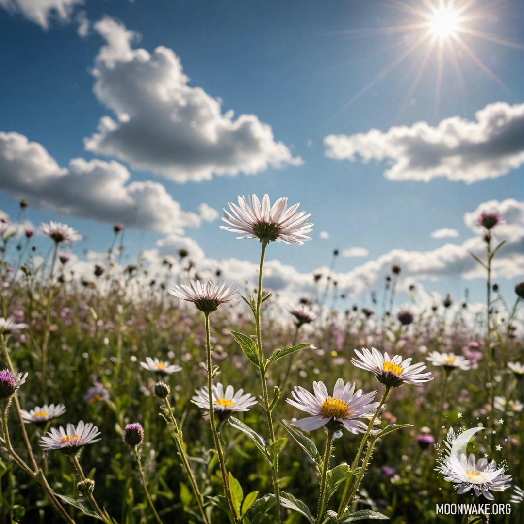 Крупный план цветов на умиротворенном поле против боке неба с облаками и световыми бликами.