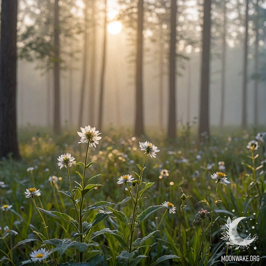 Крупный план ярких полевых цветов на фоне размытых деревьев леса и солнечных лучей, пробивающихся сквозь туман.