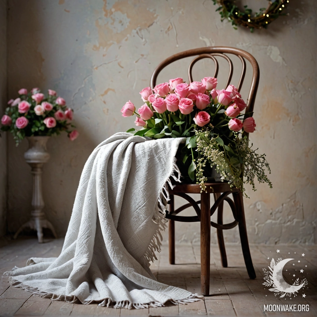 Деревянный стол с банкой цветов и размытым фоном световой гирлянды