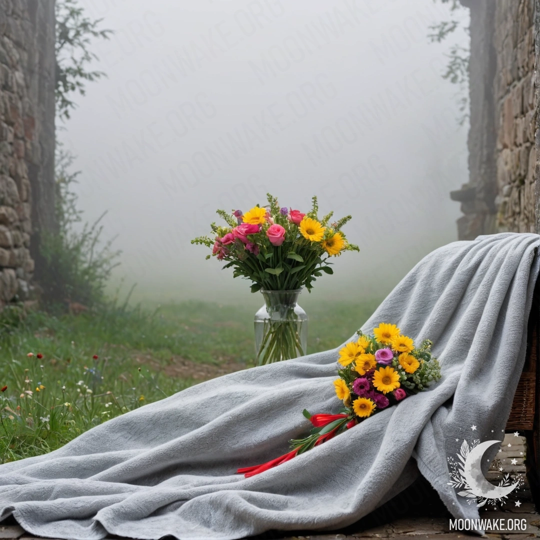 Стул с пледом и букетом цветов на фоне потрескавшейся стены в густом тумане.